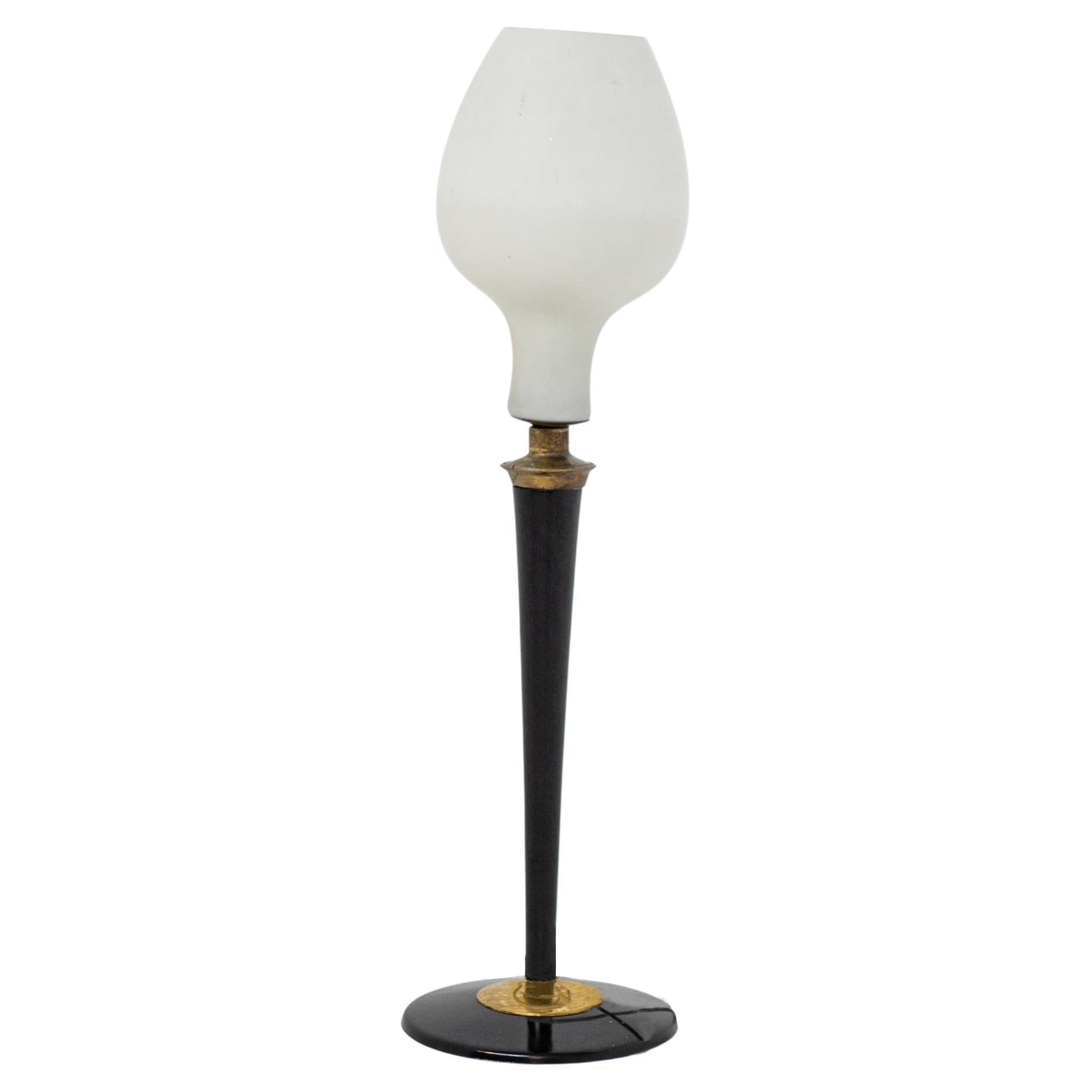 Large Italian Table Lamp in Opal Glass and Wood and Brass For Sale