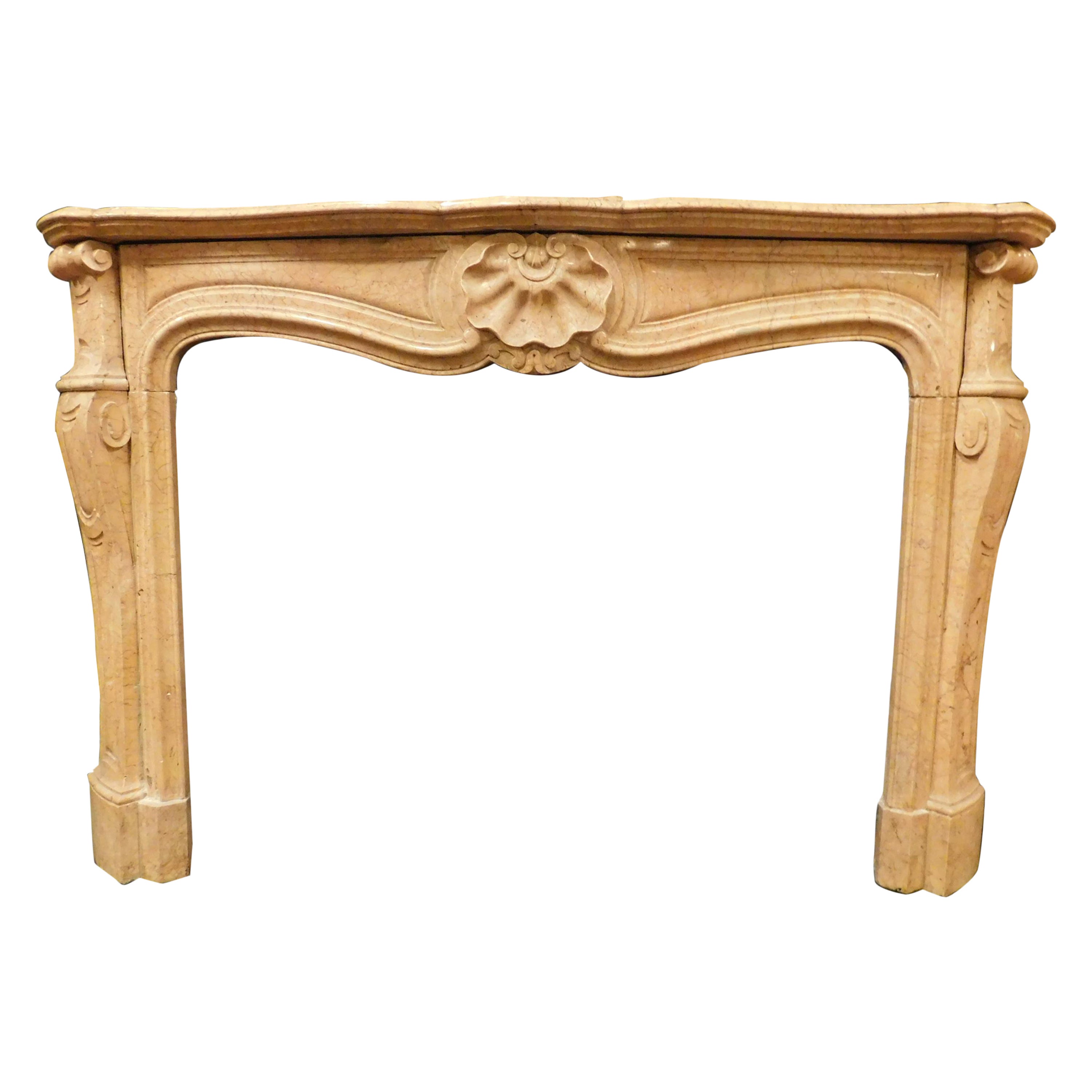Antique Fireplace in Yellow Breccia Marble, Carved Shell, 19th Century France For Sale