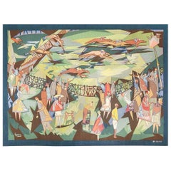 French Vintage Mid Century Horse Racing Tapestry. Size: 7 ft 2 in x 9 ft 8 in