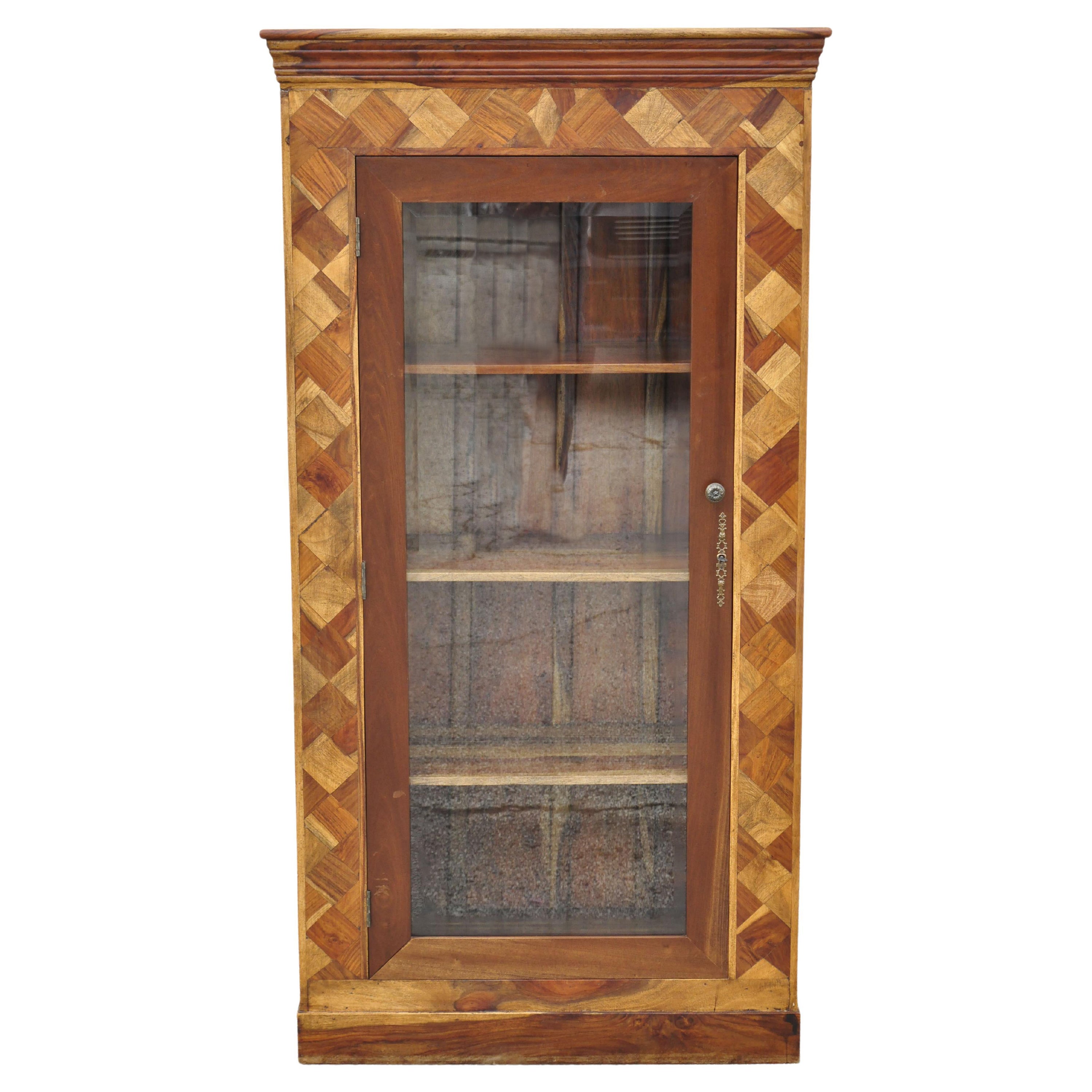 Marquetry Geometric Inlay Mixed Wood One Drawer Bookcase Display Cabinet Curio