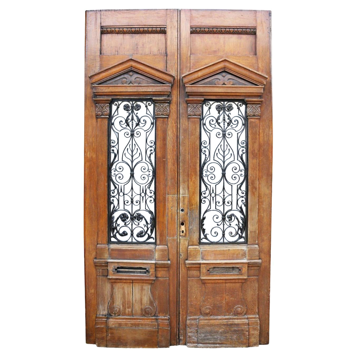 Set of Large Oak Doors with Wrought Iron Grills For Sale