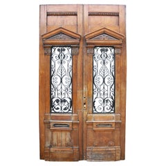 Antique Set of Large Oak Doors with Wrought Iron Grills