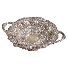 19th Century French Repousse Silver Plated Brass Bread Basket with Vine Decor