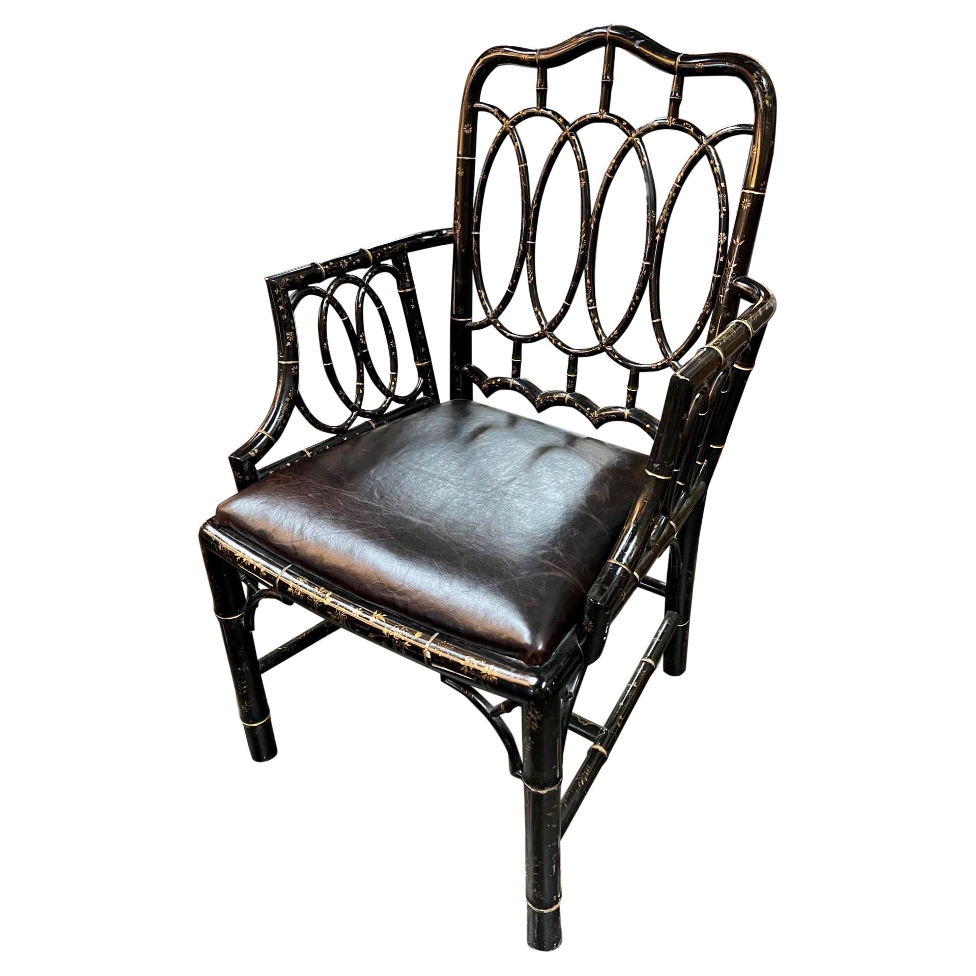 Early 20th Century English Bamboo Form Black Lacquered Arm Chair