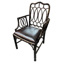 Antique Early 20th Century English Bamboo Form Black Lacquered Arm Chair