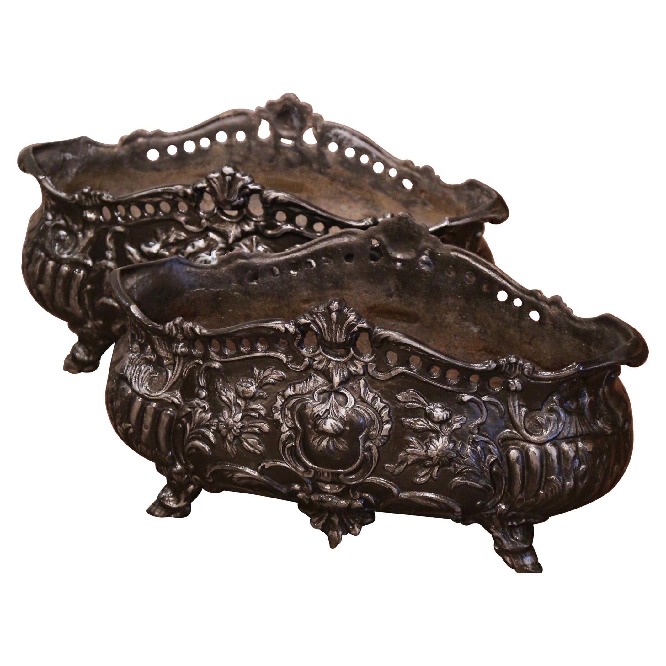 Pair of 19th Century French Louis XV Iron Outdoor Planter Boxes Jardinieres For Sale
