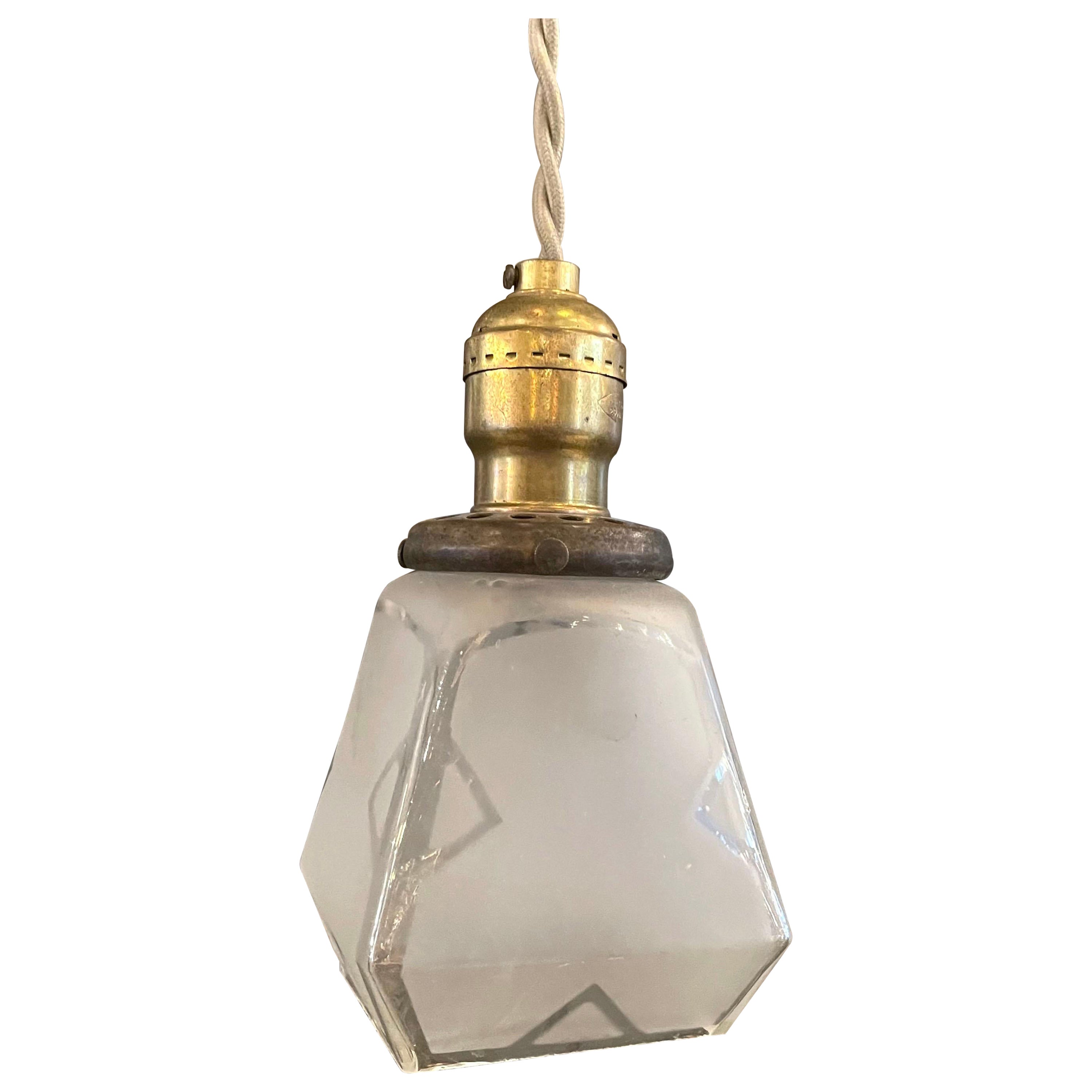 Petite Arts and Crafts Faceted Frosted Glass Pendant Light For Sale