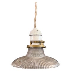 Early 20th Century Fluted Holophane and Porcelain Pendant Light