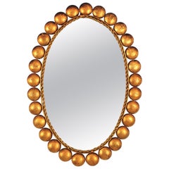 Used Oval Mirror with Balls Frame, Gilt Metal