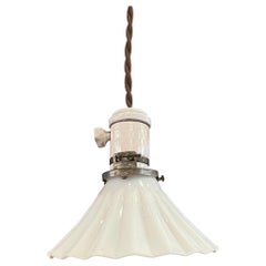 Early 20th Century Fluted Milk Glass And Porcelain Pendant Light