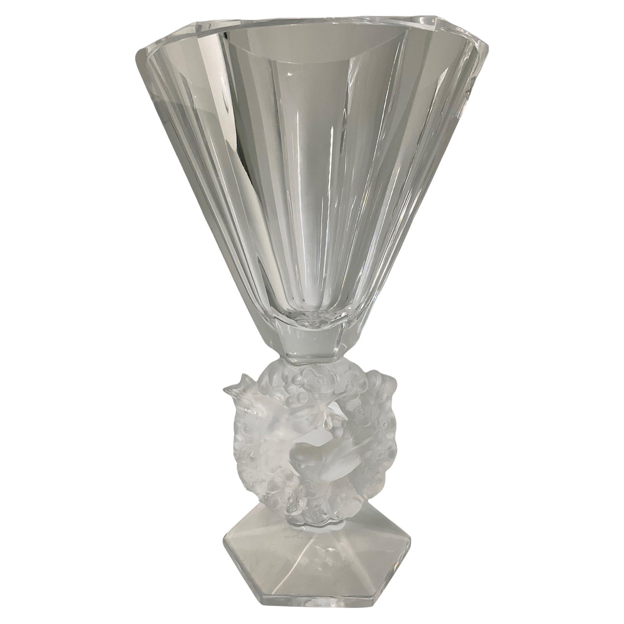 Lalique Crystal Mesange Flower Vase For Sale