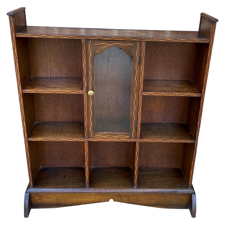 Antique English Oak Display Shelf Bookcase Freestanding Inlaid, c. 1920 at 1stDibs