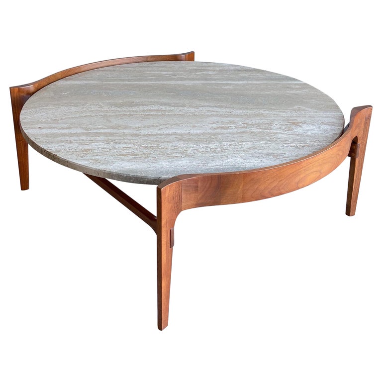 Travertine and Walnut Coffee Table Attributed to Bertha Schaefer, 1960s, Offered by ECD Vintage