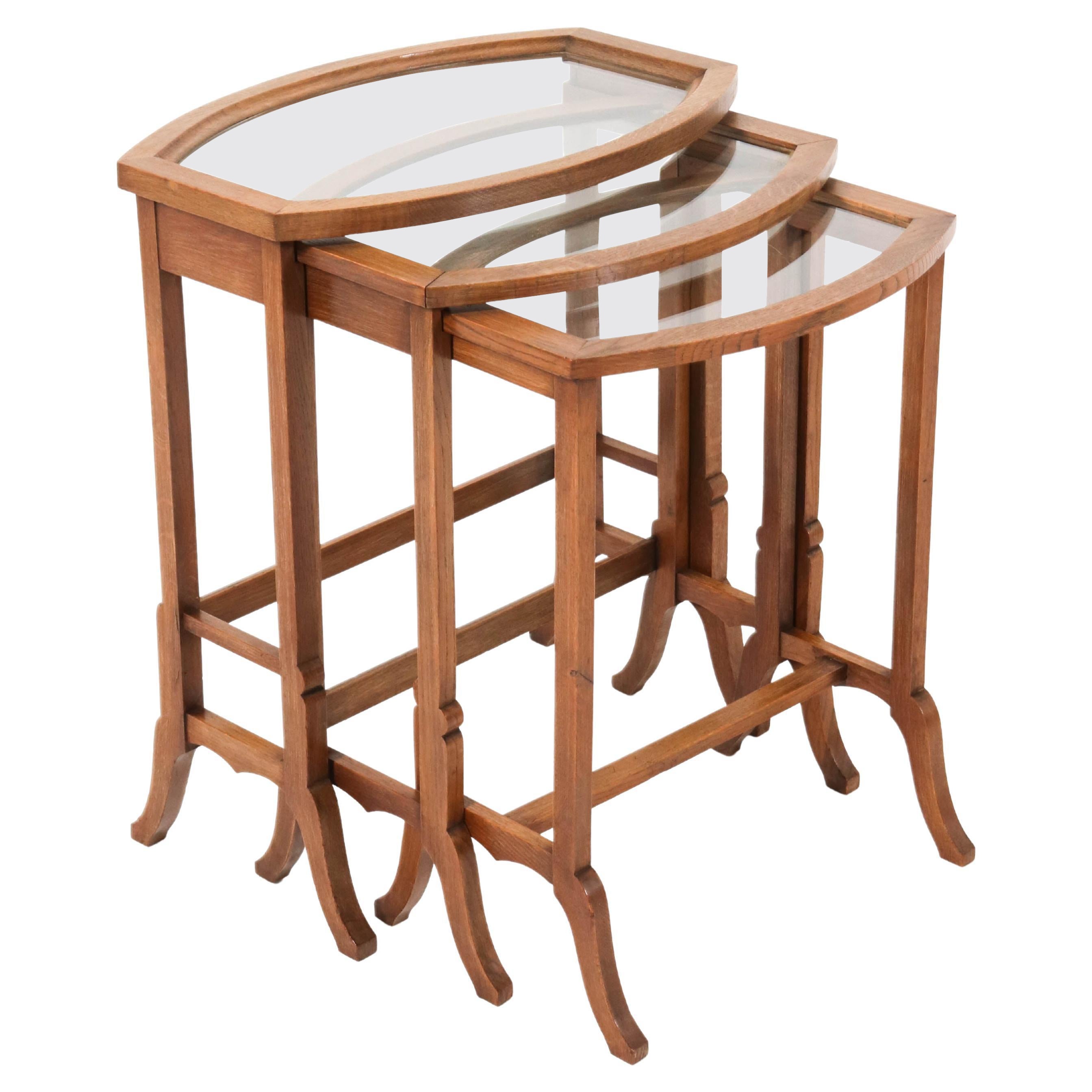 Oak Art Nouveau Nesting Tables with Glass Tops, 1900s