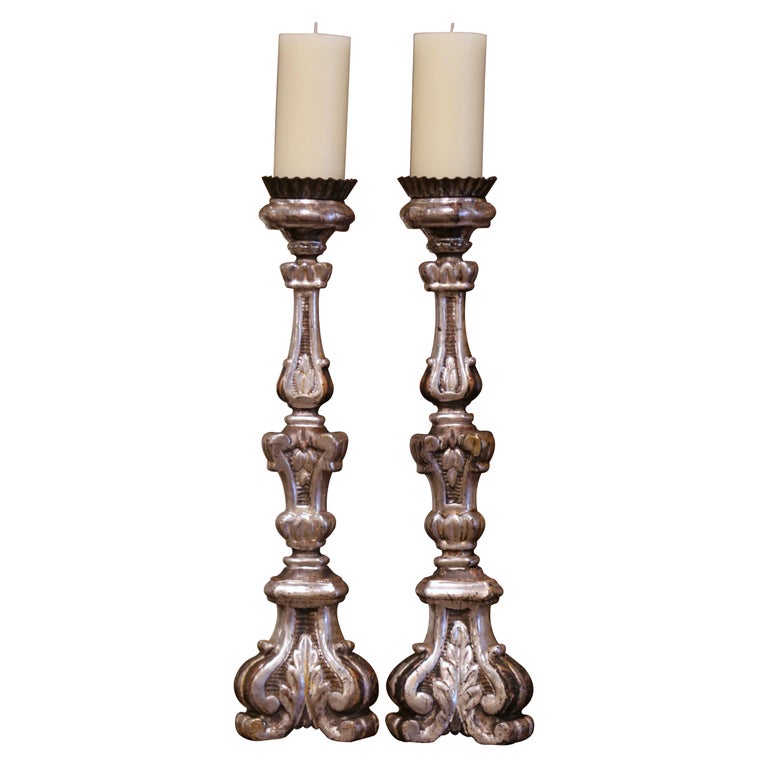 Pair of 19th Century Italian Carved Silver Leaf Candle Holders For Sale