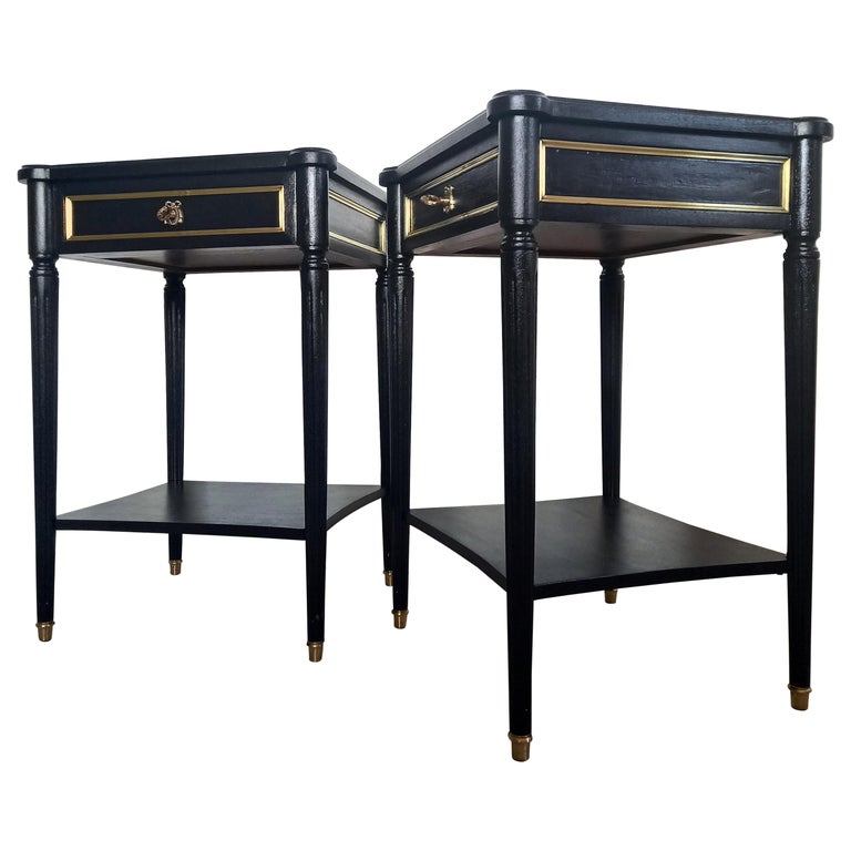 Pair of French Louis XVI Style Nightstands Tables, Bronze & Brass Details For Sale