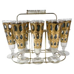 Vintage Set of 8 Culver Pilsner Glasses in the Pisa Pattern with Gold-Tone Caddy