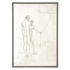 "Two Male Nudes with Rope," Early and Very Fine Pencil Drawing by John Lear