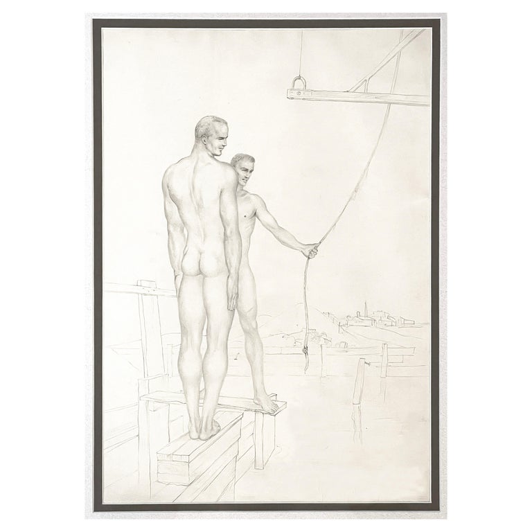 "Two Male Nudes with Rope," Early and Very Fine Pencil Drawing by John Lear For Sale