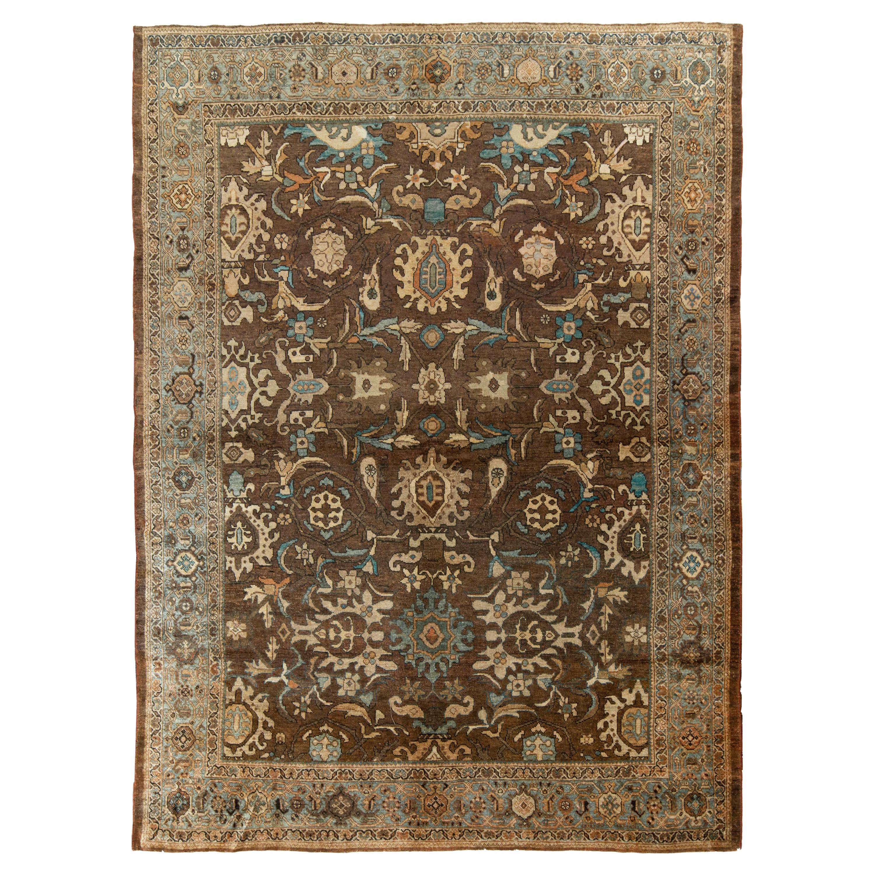Handgeknüpfter antiker Perserteppich, Beige-Braun-Blau-Blumenmuster von Teppich & Kelim im Angebot