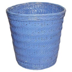 Chinoiserie Blue Woven Rattan and Wicker Basket Planter, 1970s