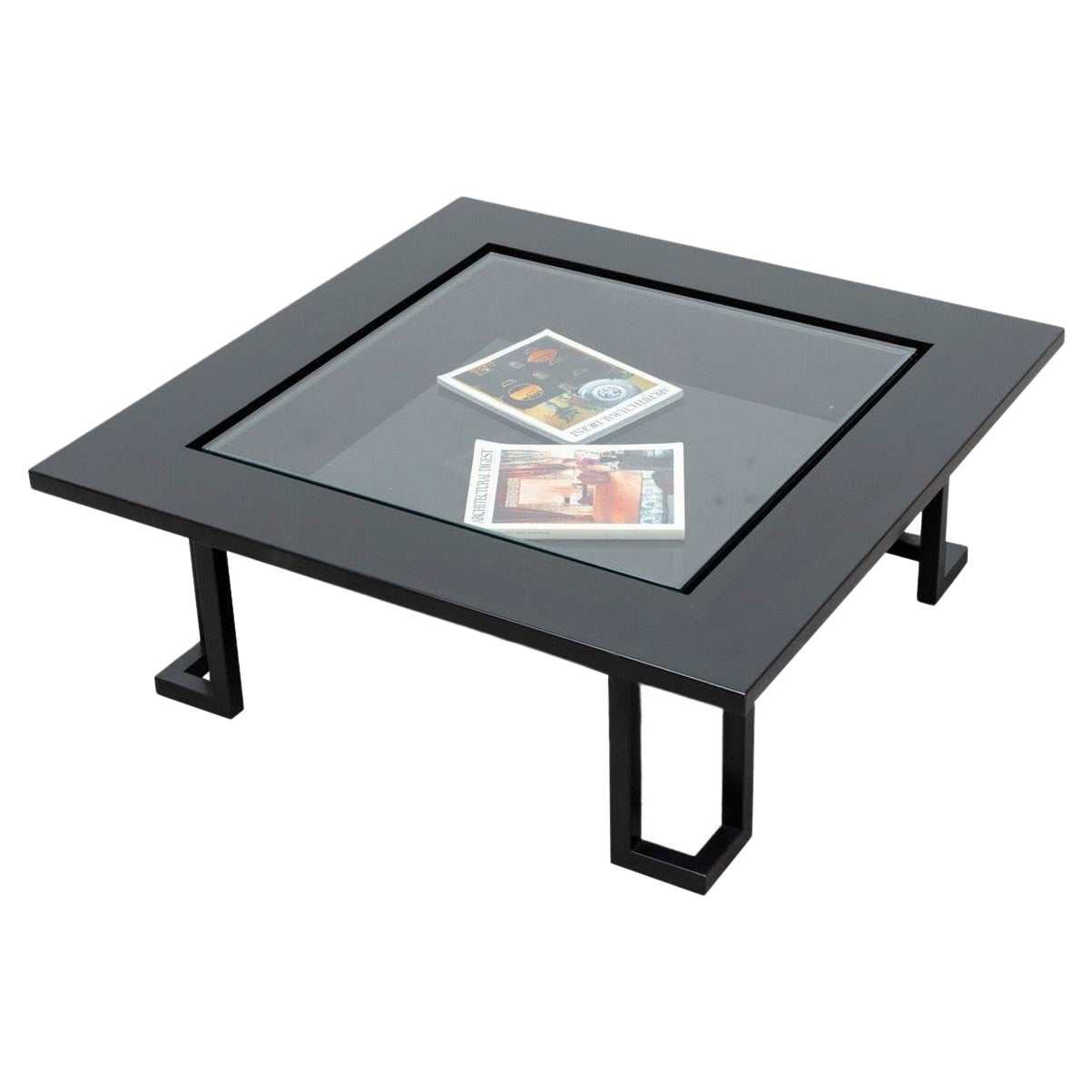 Table basse italienne laquée noire avec verre encastré et pieds en acier en vente