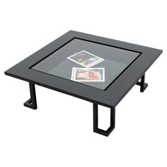Vintage Italian Black Lacquered Wood Coffee Table with Inset Glass & Steel Legs