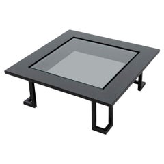 Italian Black Lacquered Wood Coffee Table with Inset Glass Top and Steel Legs