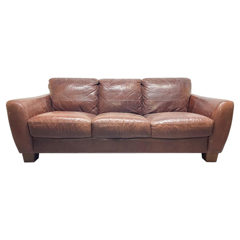 Modern Distressed Brown Leather Sofa For Sale at 1stDibs