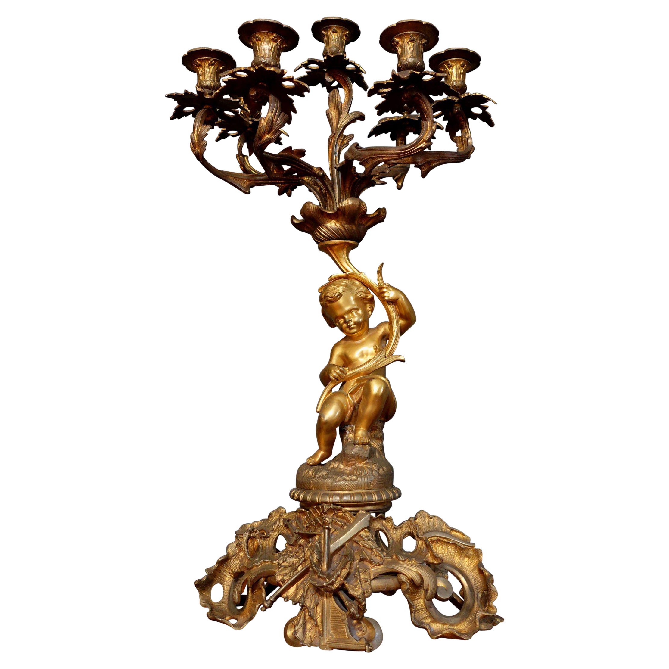Large 19th Century French Louis XV Bronze Candelabras with seating Putti For Sale