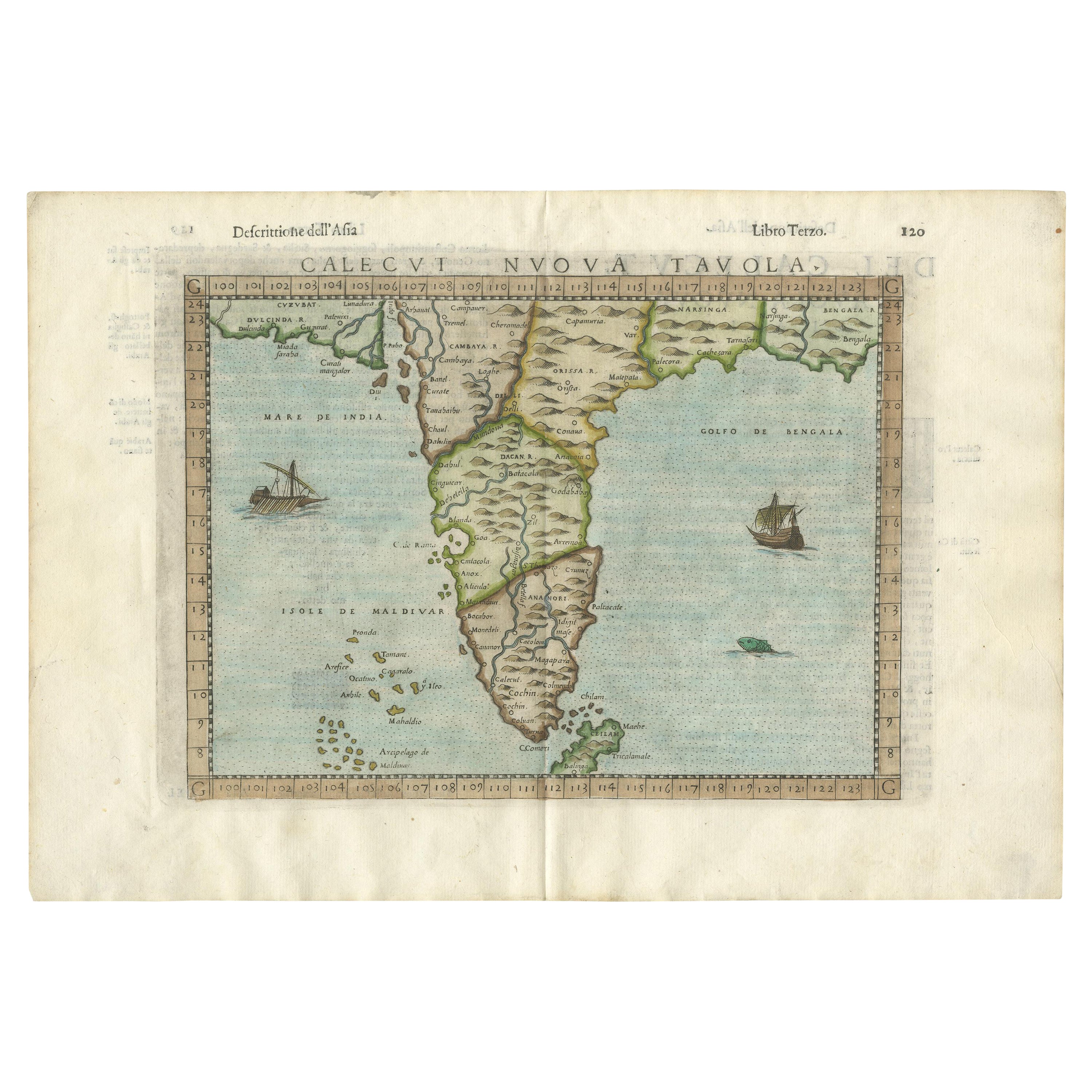 Rare Attractive Antique Map of Asia, India, Sri Lanka, Maldives, 1599 For Sale