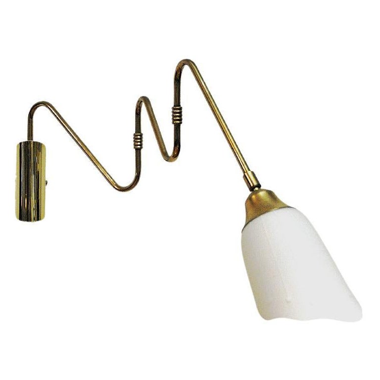 Scandinavian Brass Arm Wall Lamp with Flower Glass Shade, 1950s