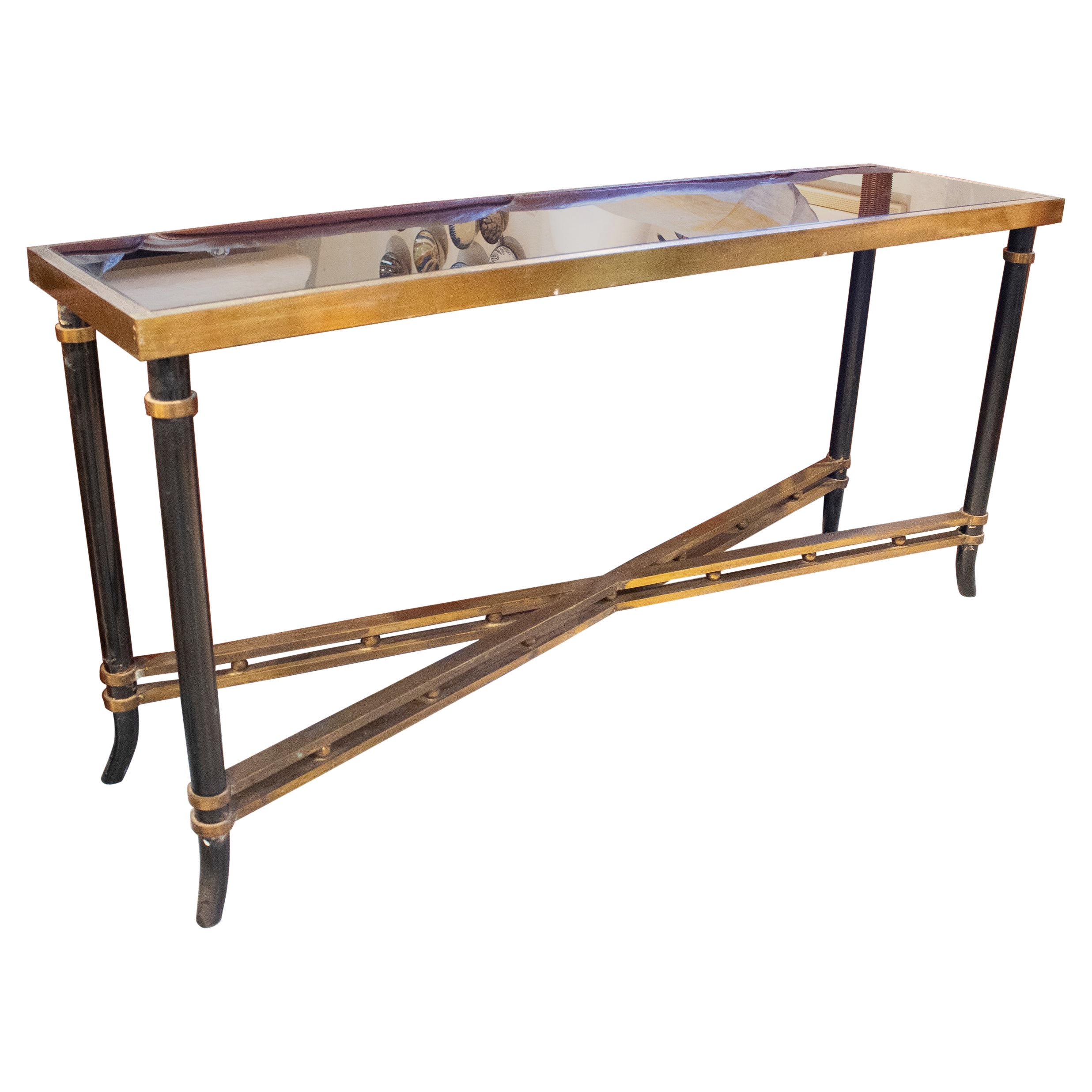 1970s Spanish Bronze & Iron Glass Top Console Table