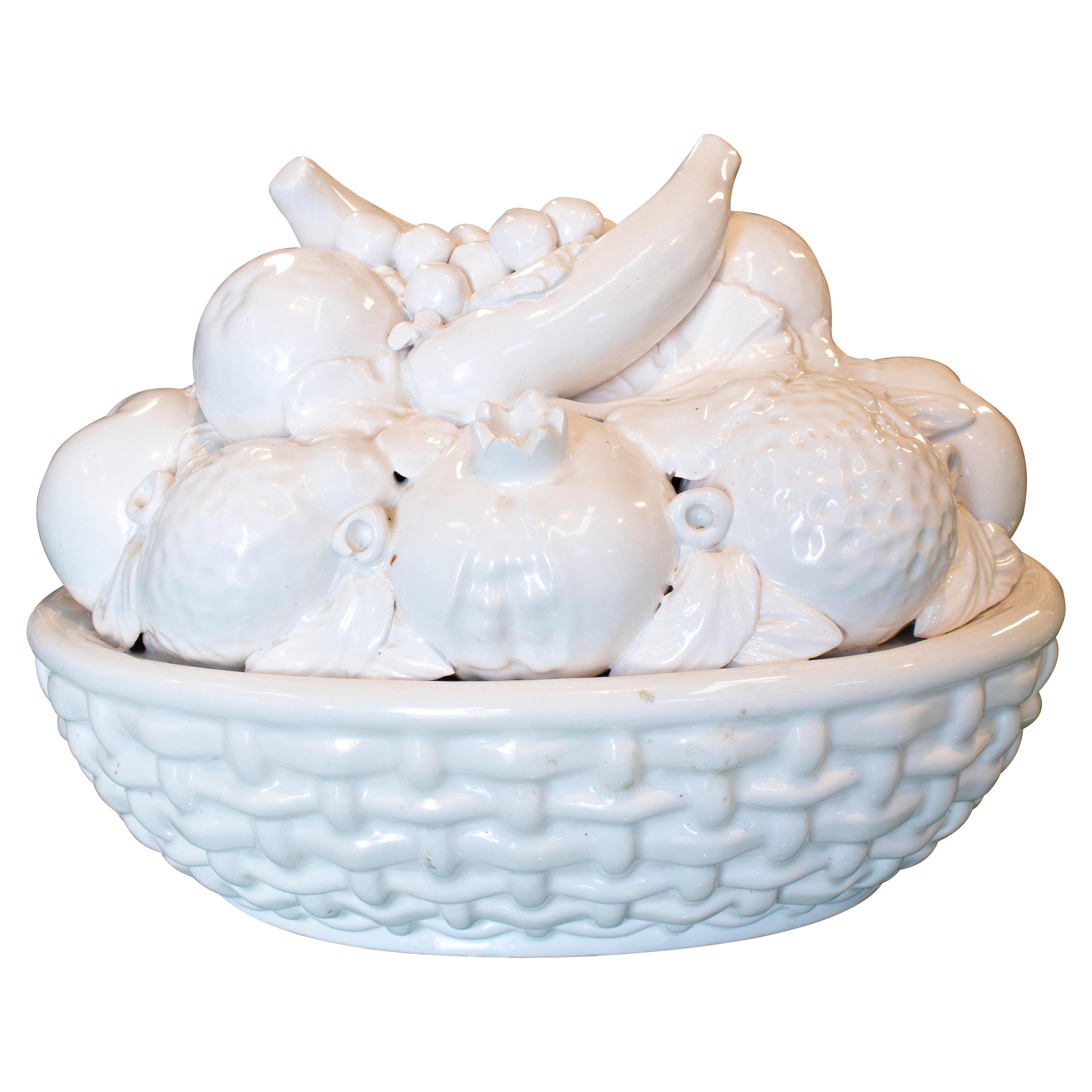 1970s Spanish White Glazed Manises Pottery Fruit Basket Centerpiece