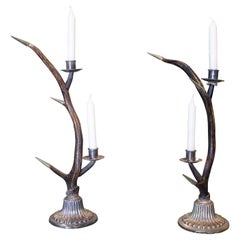 Pair of 1950s Anthony Redmile 2-Arm Candlesticks w/ Silver Base & Natural Horn