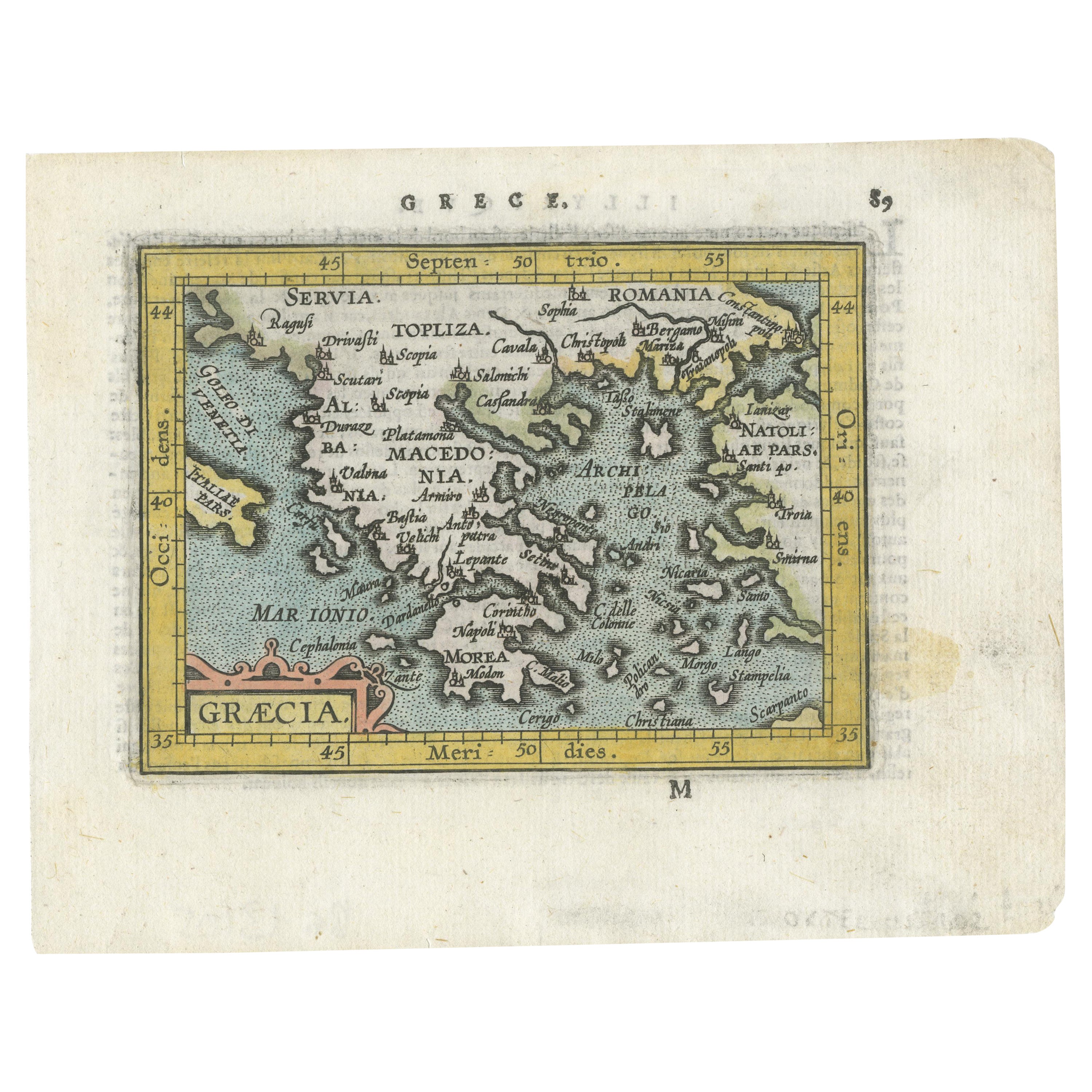 Frühe, seltene und kleine handkolorierte Kupfergravur von Griechenland, ca. 1602