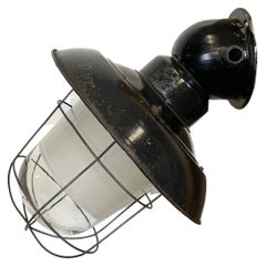 Industrial Black Enamel Wall Lamp with Iron Grid, 1960s