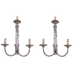 Pair of 1970s Spanish Chromed Steel & Plexiglass 3-Arm Wall Sconce Lamps