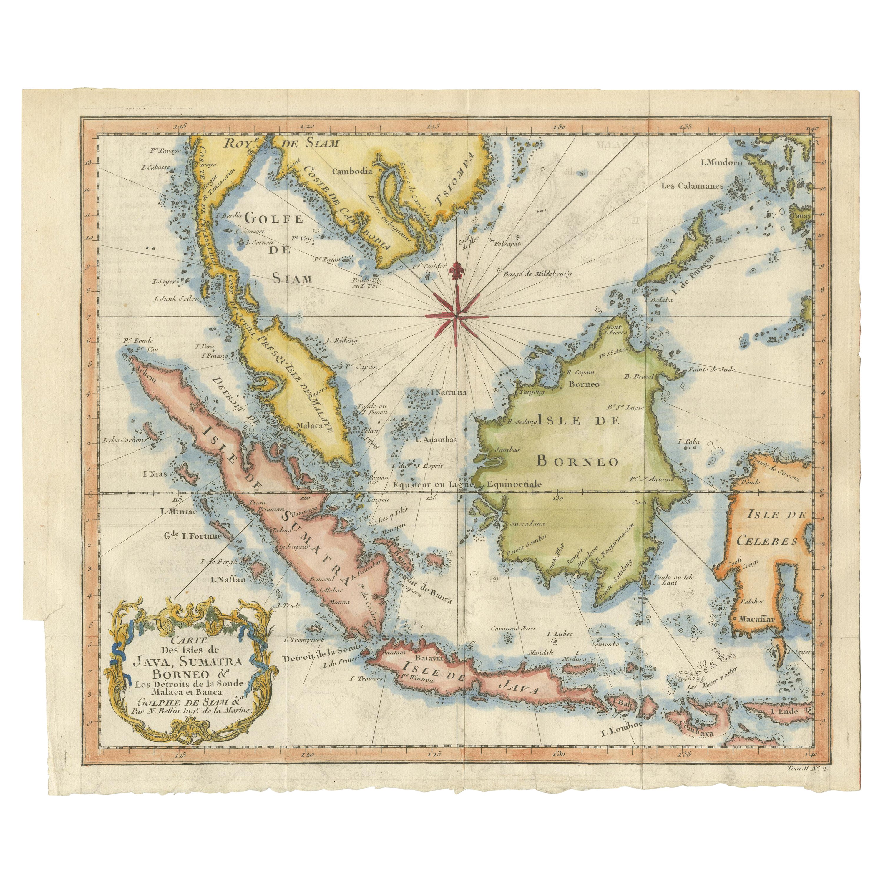 Gravure ancienne de Malaisie, Brunei, Singapour, Java, Borneo, Sumatra, vers 1750