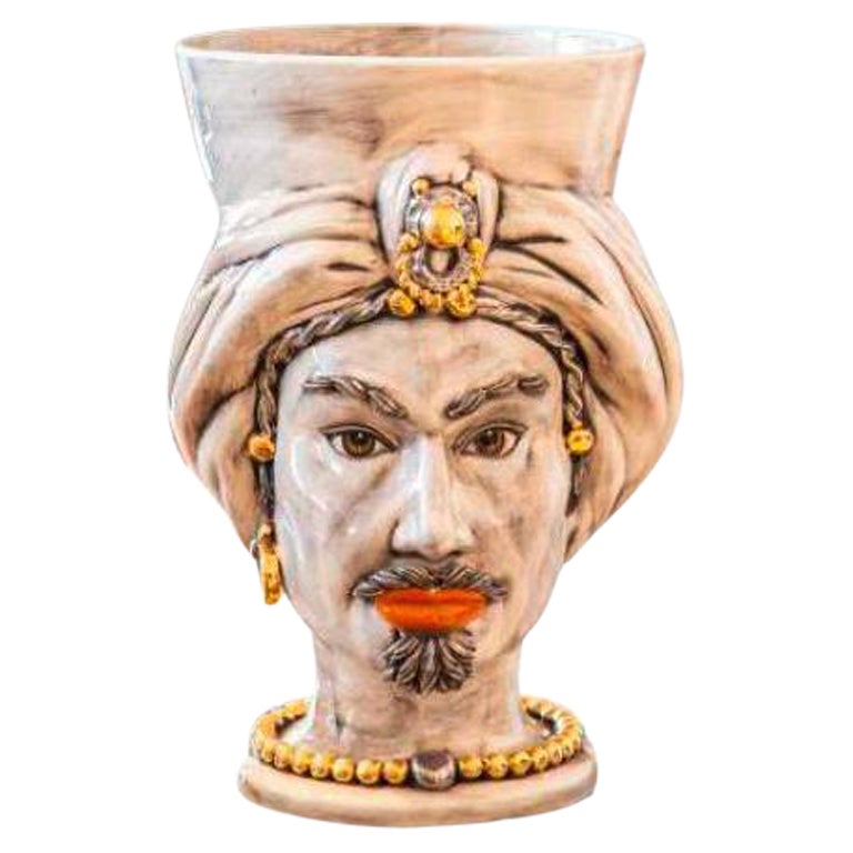 Venere V26, Man's Moorish Head, Vase without Crown, Handmade in Sicily, Size L For Sale