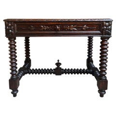 Antique French Carved Oak Sofa Table Writing Desk Bobbin Small Louis XIII Style