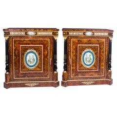 Retro Pair Burr Walnut & Sevres Porcelain Pier Cabinets 20th C