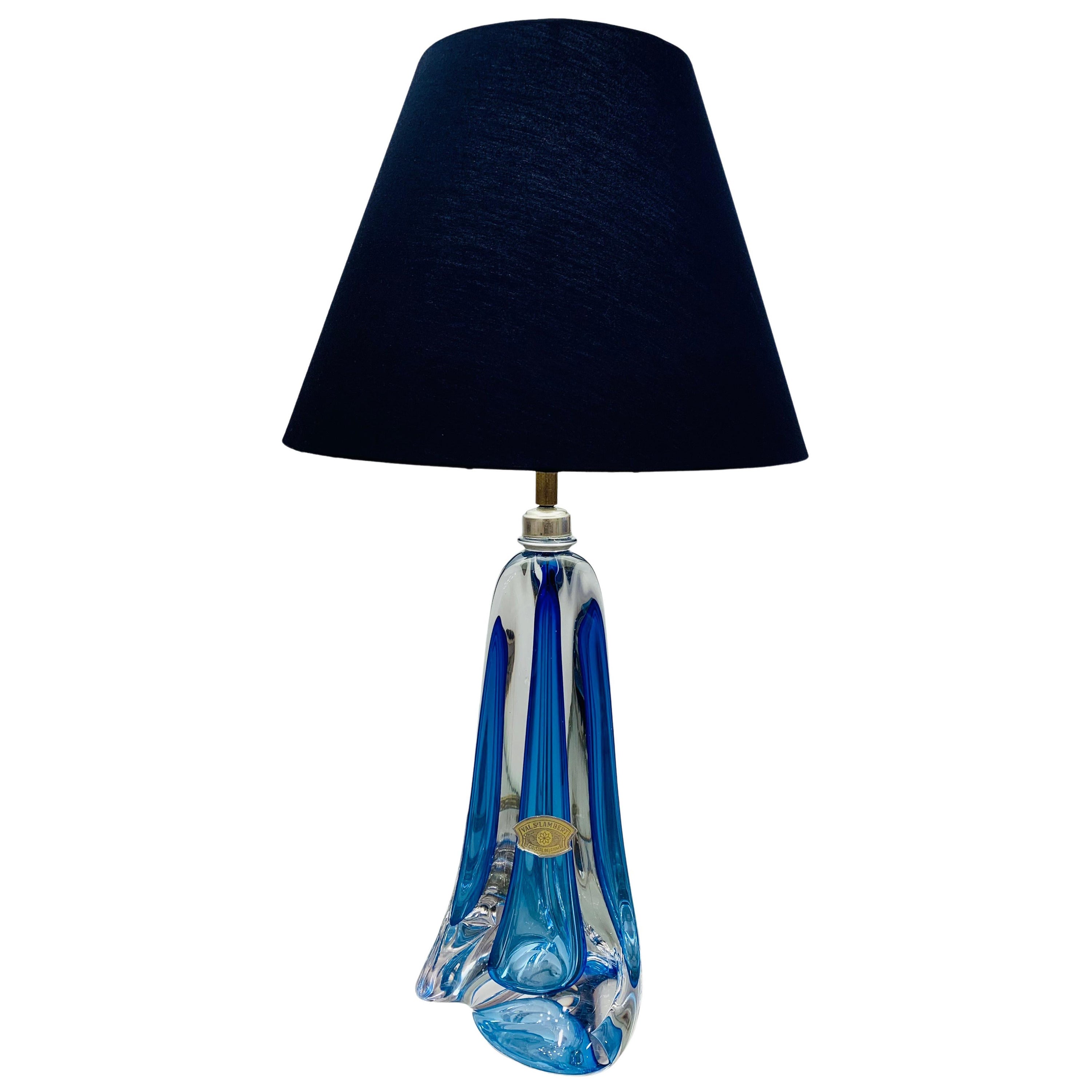 1950s Belgium Val Saint Lambert Blue Crystal Glass Table Lamp Signed & Labelled
