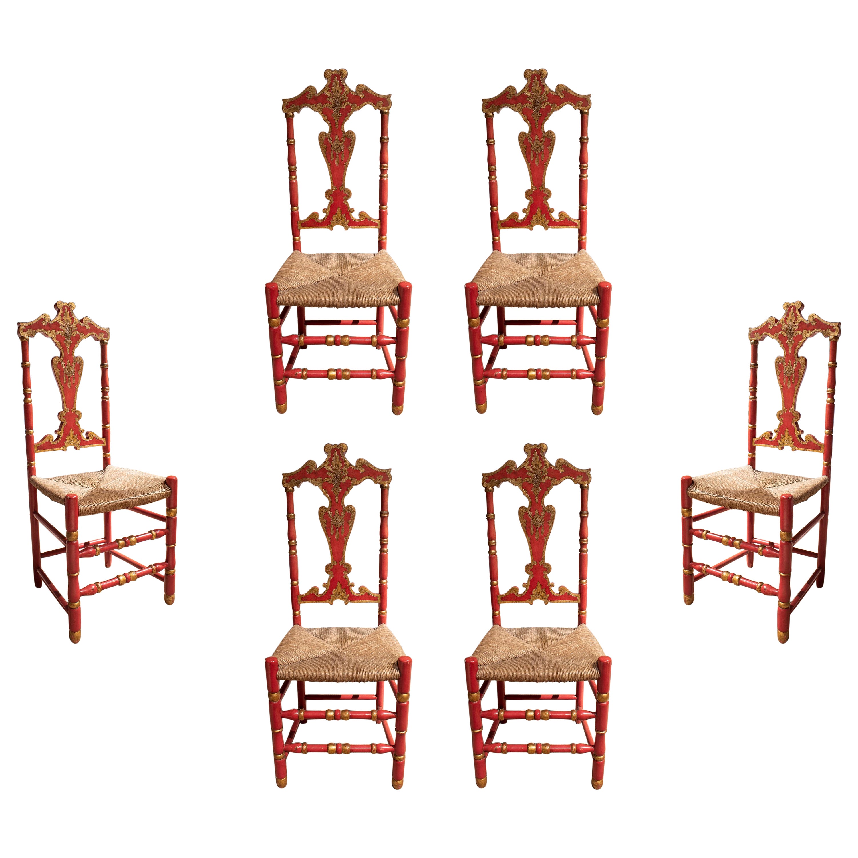 Ensemble de six chaises flamenco espagnoles des années 1950 en bois d' Andalousie, avec assise en corde