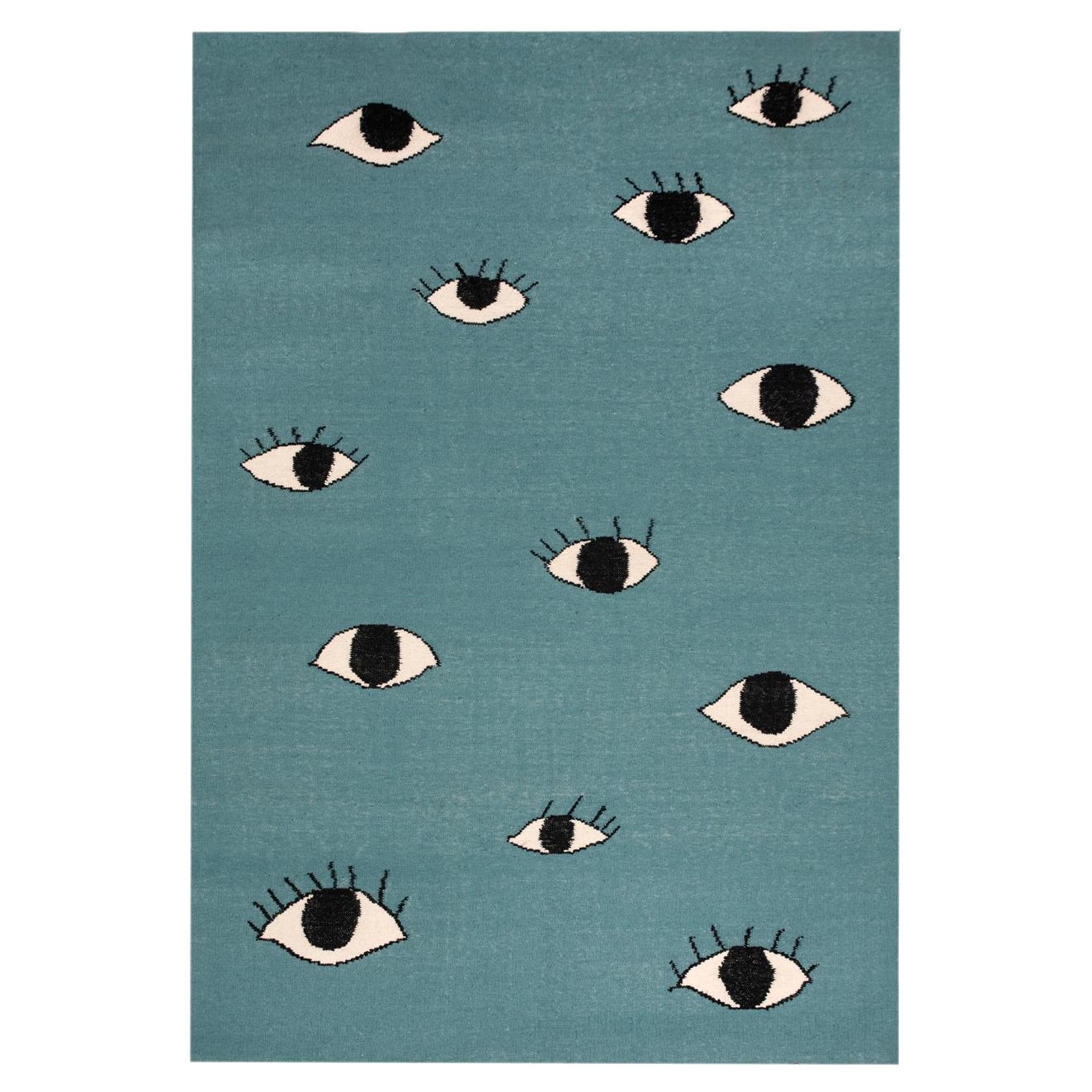 Modern Handwoven Flat-Weave Wool Kilim Rug Eyes Blue