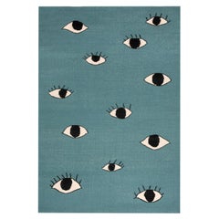 Contemporary Handwoven Flat-Weave Wool Kilim Rug Eyes Blue