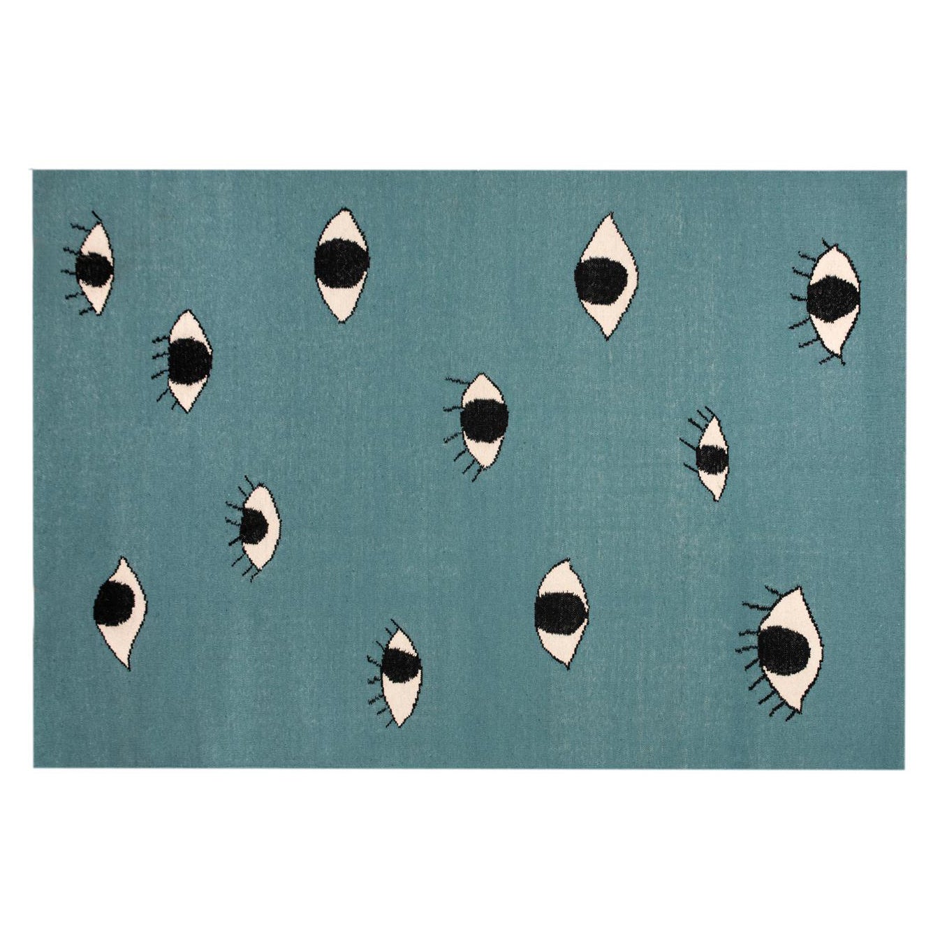 Moderner handgewebter Flachgewebe-Kelim-Teppich aus Wolle mit Augen in Blau