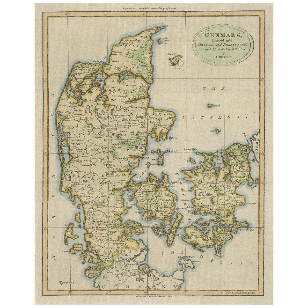 Antique Hand-Colored Engraved Map of Denmark, 1790