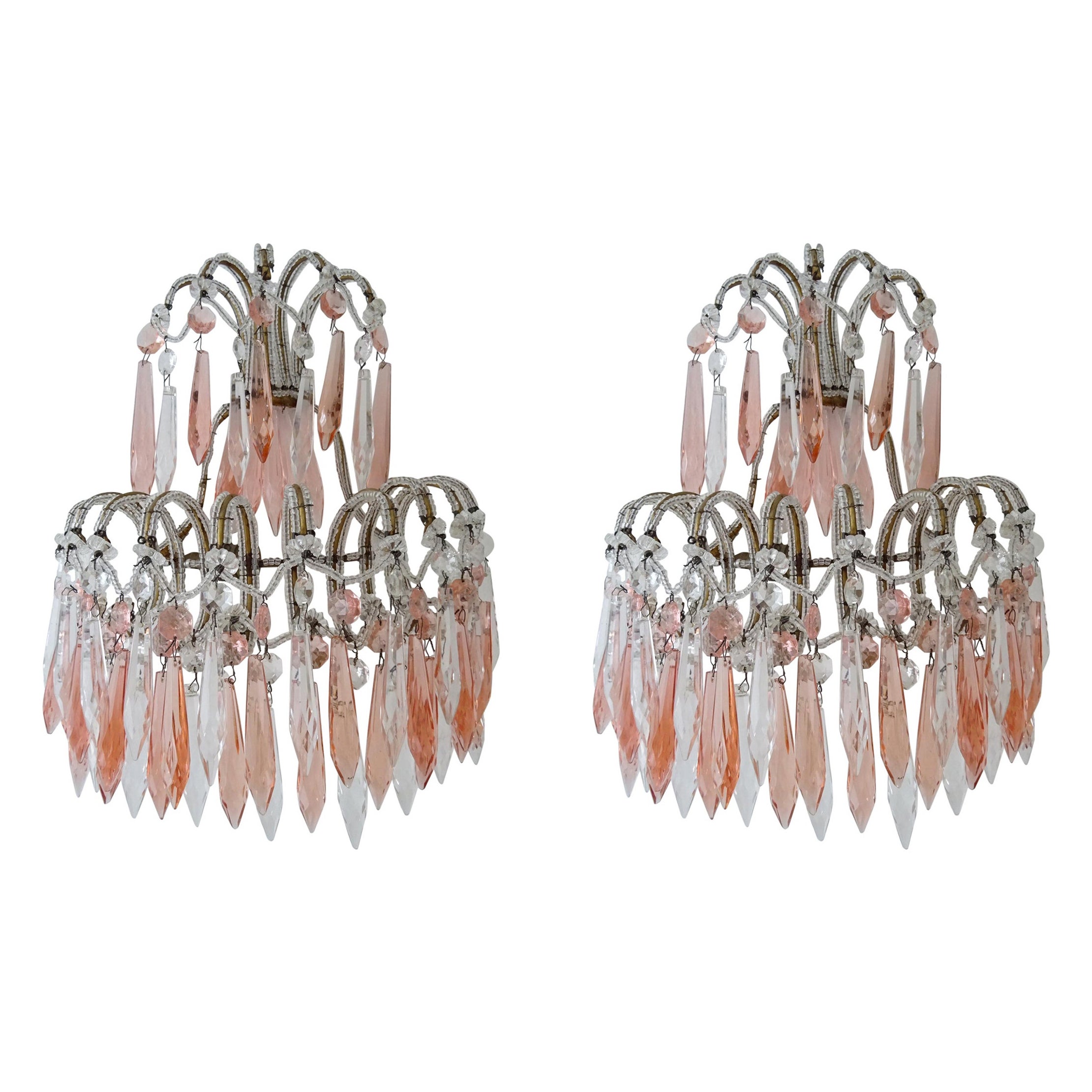 French Micro Beaded Pink & Clear Loaded Crystal Sconces, circa 1920 For Sale