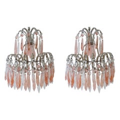 French Micro Beaded Pink & Clear Loaded Crystal Sconces, circa 1920